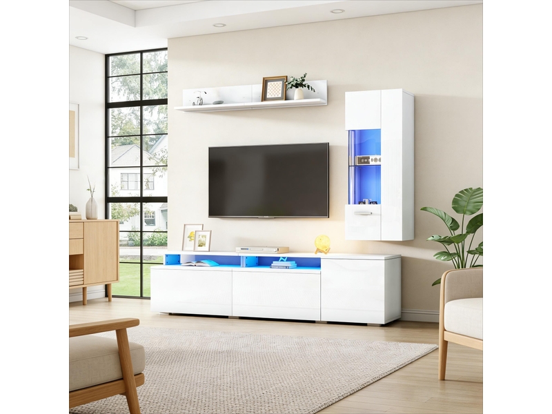  Meuble tv mural complet 3 pièces blanc laqué avec led ensemble de salon moderne table tv vitrine et étagère pour tv jusqu'à 80  - Conforama R