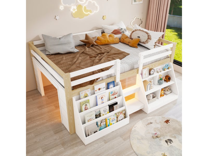  Lit enfant 140 x 200 cm – avec étagères de rangement – ​​avec barrières de sécurité – avec échelle – avec éclairage led – blanc +  naturel  (matelas non inclus)  - Conforama E
