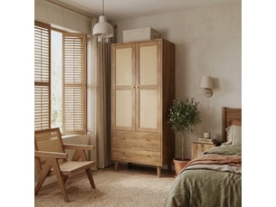 Armoire 80x50x180 cm avec penderie, étagères, 2 tiroirs, portes effet rotin en mdf - noyer naturel