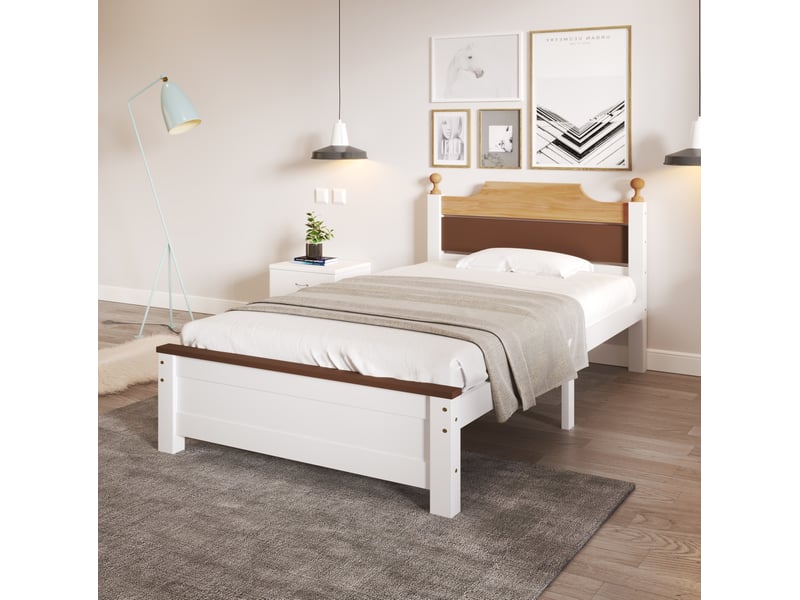  Lit simple 90x200 cm en bois et mdf blanc, naturel et marron  - Conforama C