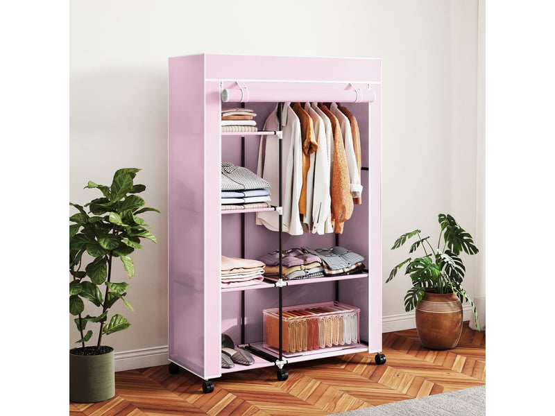  Armoire en tissu à roulettes, armoire portable avec 6 étagères et 1 tringle à vêtements pour la chambre, 103 x 43 x 162,5 cm, rose  - Conforama C
