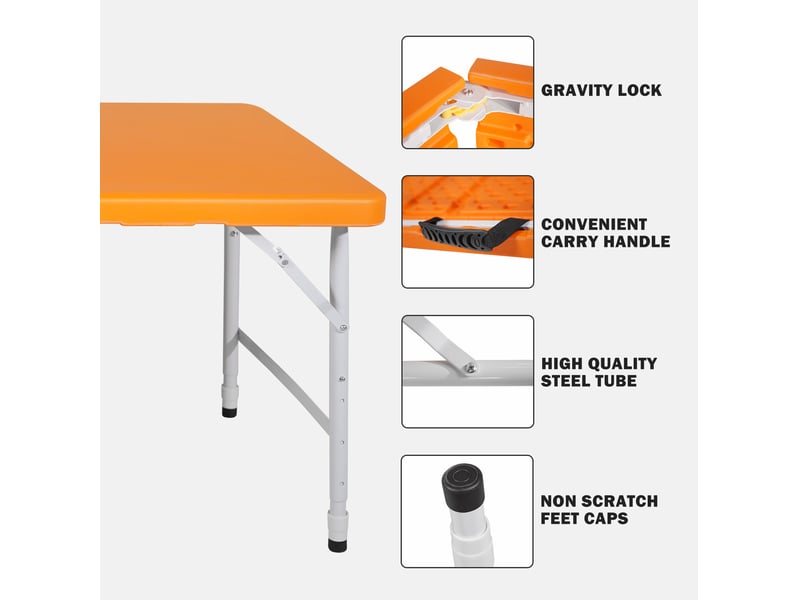  Table pliante portable 125x61 cm – orange – hauteur réglable 58-74 cm, pliage compact avec poignée intégrée  - Conforama E
