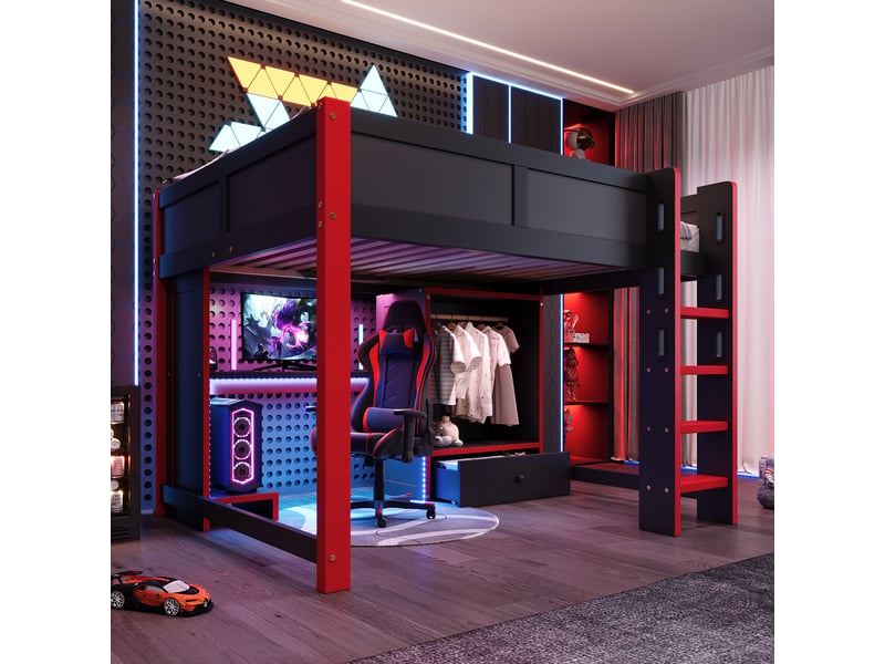  Lit mezzanine 2 places 140×200 cm avec bureau, armoire et led - okmyhome- noir et rouge, sans matelas  - Conforama C