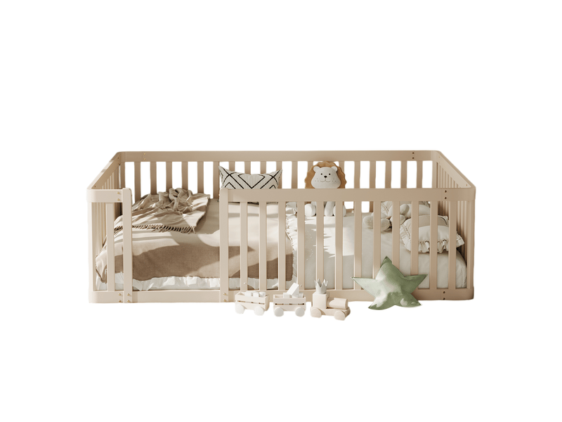 Lit enfant simple 90x200 cm, barrière latérale semi-fermée, montage facile, bois, couleur crème, sans matelas ou sommier  - Conforama A