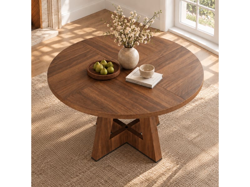  Table ronde 120x120 cm pour 4 à 6 personnes, table à manger classique au style nordique, pour salle à manger ou séjour, sans chaises, effet noyer Seren Glow - Conforama E