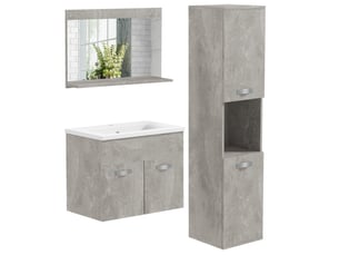 Ensemble meuble salle de bain 4 pièces 60 cm avec vasque céramique colonne de rangement et miroir mural gris