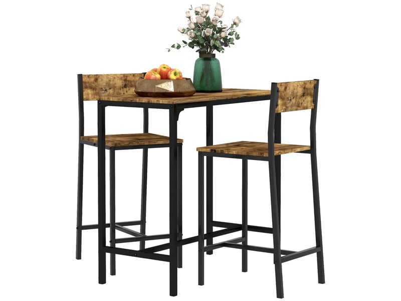  Ensemble bar 3 pièces, table haute, 2 chaises, mdf, structure en métal, imperméable, marron  - Conforama B