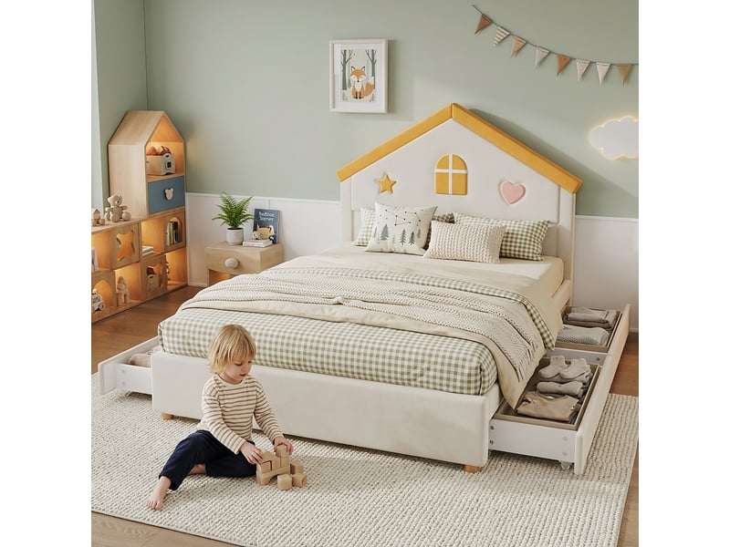  Lit enfant 140 x 200 cm, tête de lit cabane rembourrée, 4 tiroirs de rangement, revêtement velours, beige evarich - Conforama B