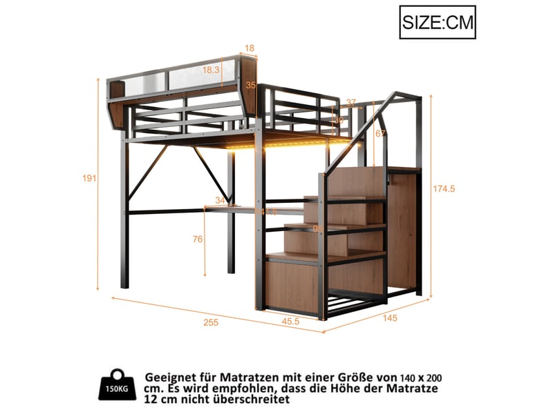  Lit mezzanine 140 x 200 cm avec led, bureau 2 m, prises et rangement, métal, noir Fay Lum - Conforama C
