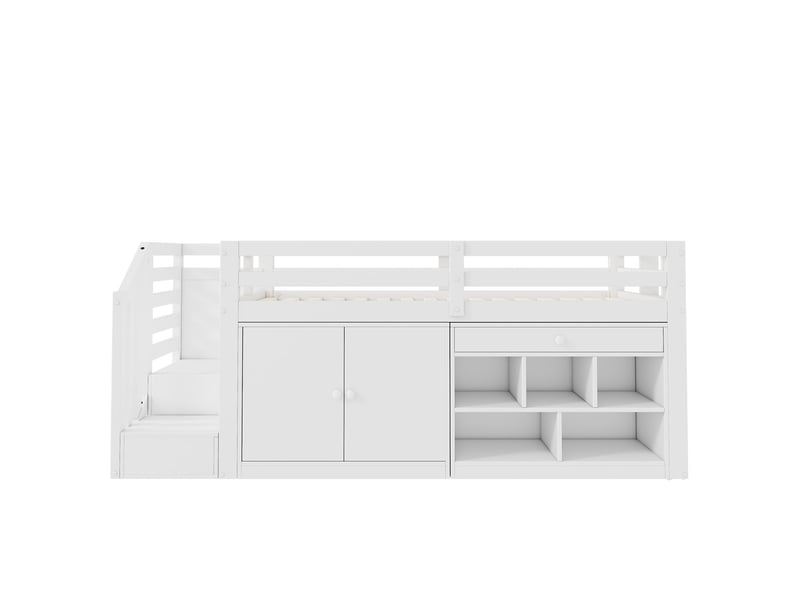  Lit enfant multifonctionnel 90x200 cm, escalier réversible, tiroirs convertibles, espace de rangement, bois blanc sans matelas  - Conforama D