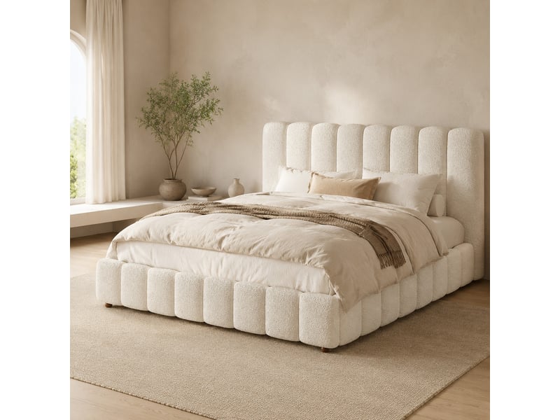 Lit coffre hydraulique 180x200 cm en tissu bouclé blanc avec sommier à lattes - Conforama B