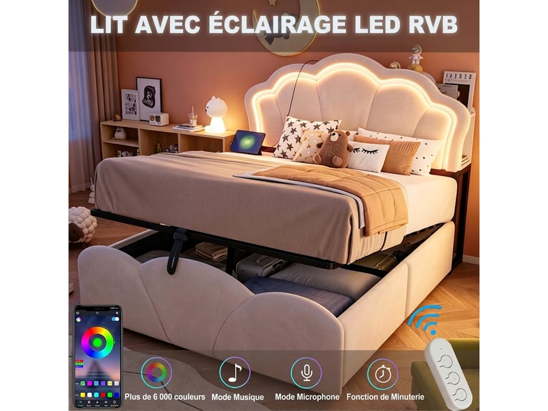  Lit coffre 140x200 velours beige avec rangement hydraulique, led et prises intégrées sans matelas  - Conforama D
