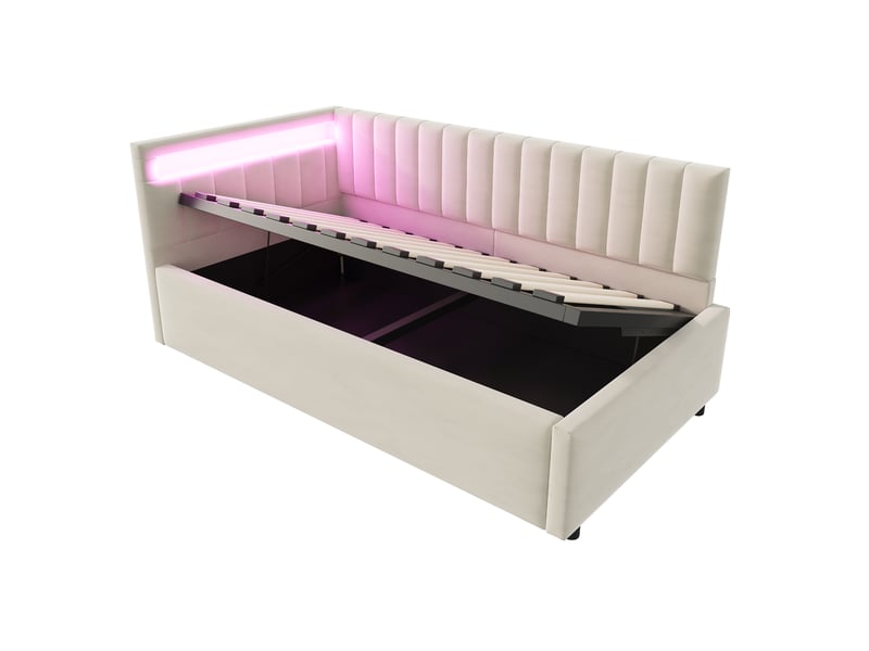  Lit coffre 90x200cm, lit de repos 1 place avec led, dossier, tête de lit et sommier, rangement, velours beige, sans matelas  - Conforama E