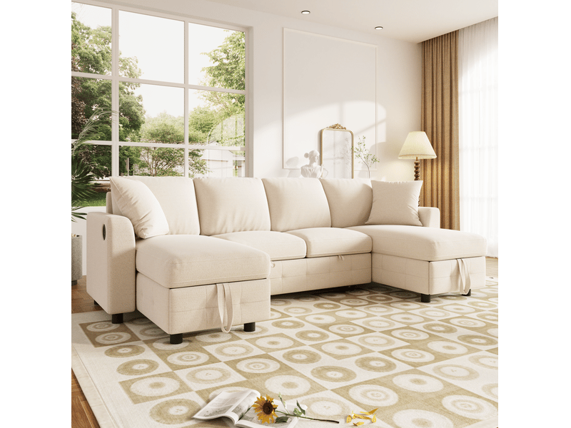  Canapé panoramique convertible 260x128x82 cm avec rangement chenille beige  - Conforama E