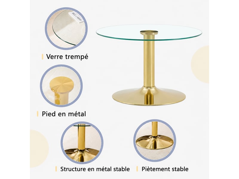  Table basse ronde en verre, structure en métal doré, diamètre de 70 cm, table de salon moderne avec plateau en verre trempé.  - Conforama R