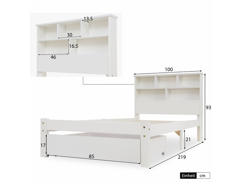 Lit simple en bois massif avec tiroirs et sommier à lattes, bibliothèque lit adolescent et adulte, 90x200cm blanc - Conforama C