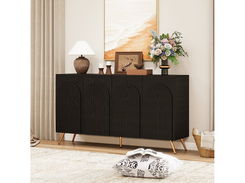 Buffet bas 4 portes 150x37x83,5 cm, rainures 3d, tablettes réglables, pieds dorés, panneaux de particules, noir - Conforama E