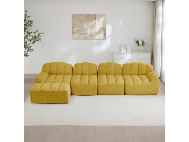 Canapé modulable, canapé 4 places – mousse haute densité, jaune, avec pouf, en tissu, assise profonde - Conforama R