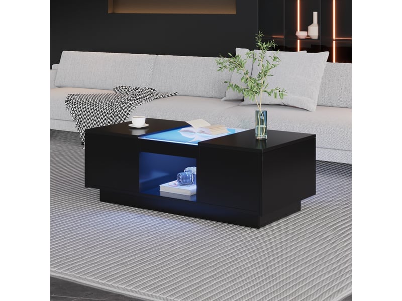  Table basse noire avec led 100x50 cm, plateau en verre, 2 tiroirs et compartiment ouvert, contrôle par application bluetooth  - Conforama E