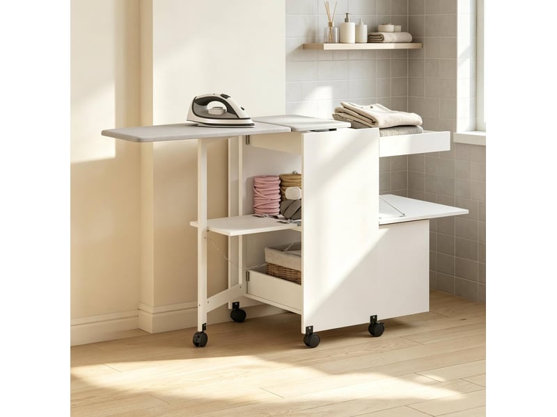 Meuble à repasser pliable 154x55x87 cm en mdf et lin avec rangement et roulettes chicfurn - Conforama C