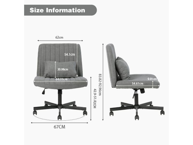  Chaise de bureau gris foncé en tissu, fauteuil de bureau sans accoudoirs pivotant et réglable en hauteur avec roulettes silencieuses  - Conforama C