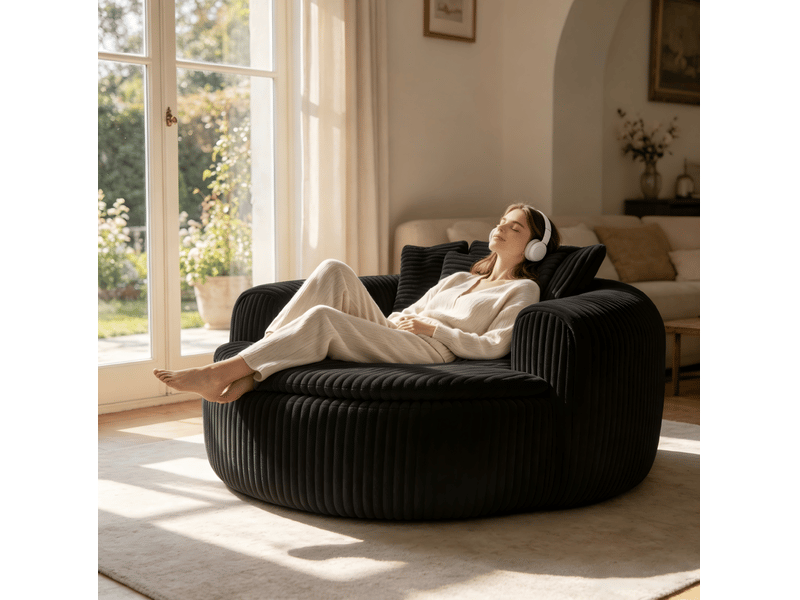 Fauteuil lounge 145x133x59 cm en velours côtelé noir - Conforama B