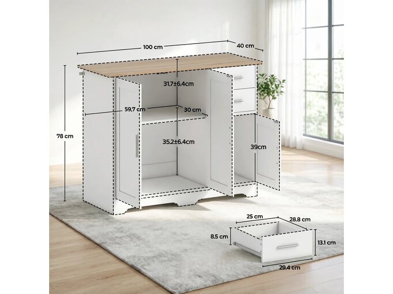 Meuble console 100x40x78 cm avec 2 tiroirs,2 placards,étagère réglable,mdf et panneaux de particules,blanc et bois naturel,entrée - Conforama E