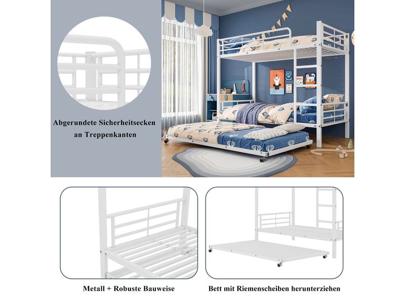  Lit superposé 90x190200cm, lit adolescents avec lit gigogne, lit en fer, quatre barrières latérales au lit supérieur, fer, blanc  - Conforama W