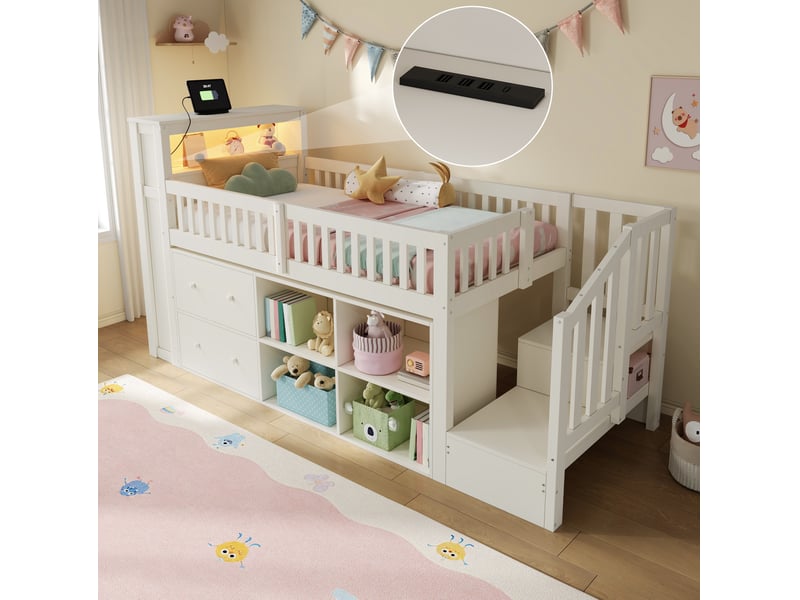  Lit mezzanine 90x200 cm avec led, rangements et tiroirs, coloris blanc  - Conforama D