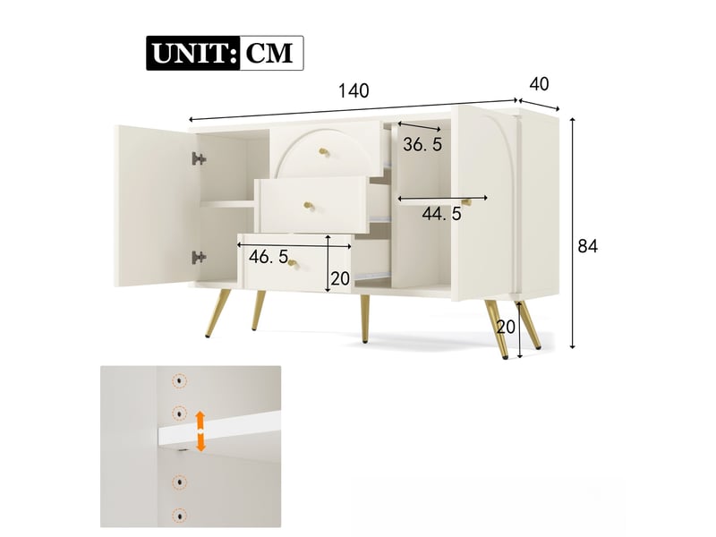  Commode à 3 tiroirs et 2 portes, 140 x 40 x 84 cm, façades arquées et étagères réglables, blanc crème  - Conforama C