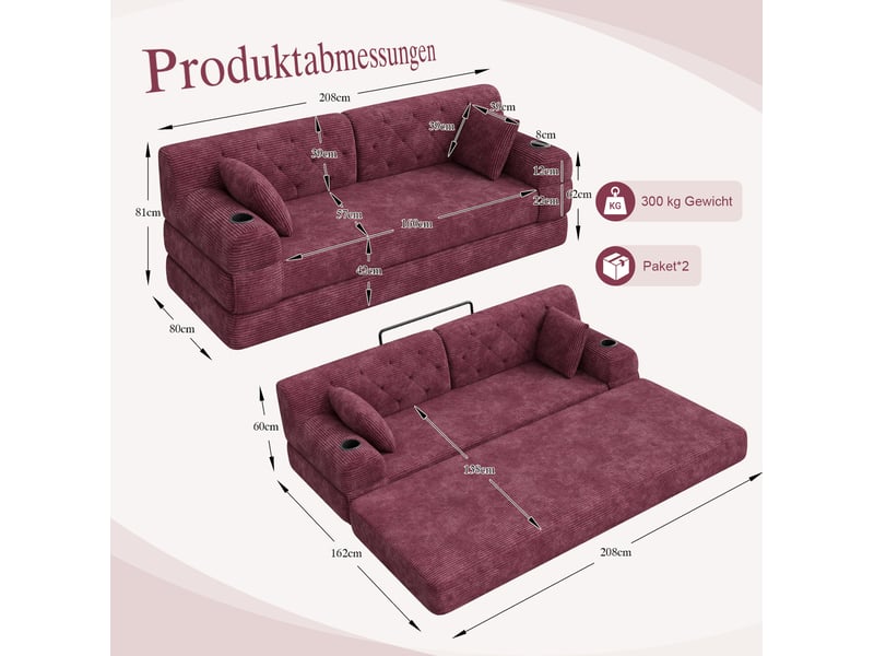  Canapé-lit 3 places compressé avec dossier haut, 4 poches et 2 porte-gobelets en velours côtelé rouge lie-de-vin  - Conforama C
