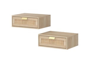 Lot de 2 tables de chevet murales, tables de nuit suspendues avec tiroir en effet rotin, 40 x 30 x 15 cm, chêne