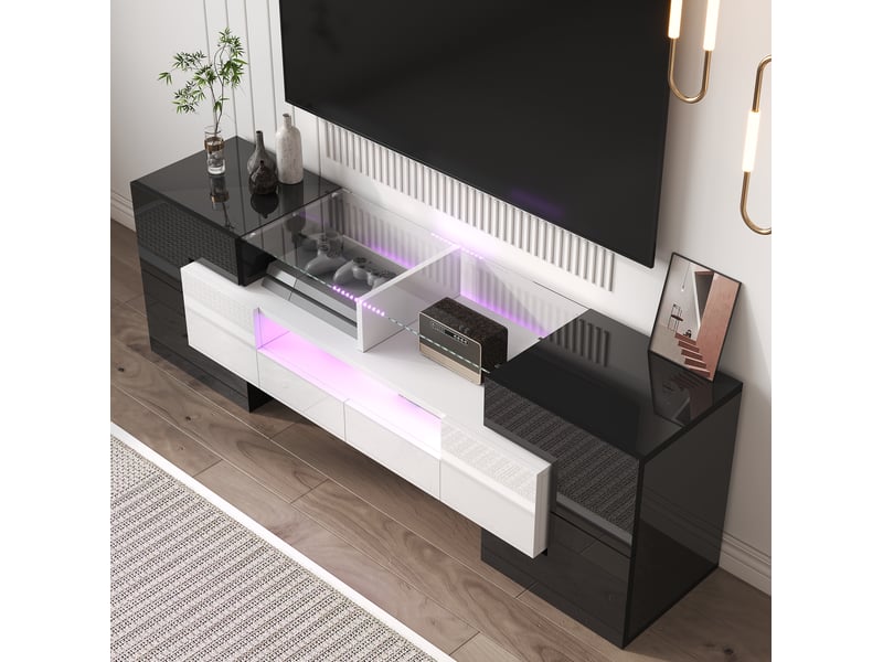  Meuble tv 145 cm, éclairage led multicolore, 6 portes 2 tiroirs, finition laquée en panneau de particules blanc et noir  - Conforama E