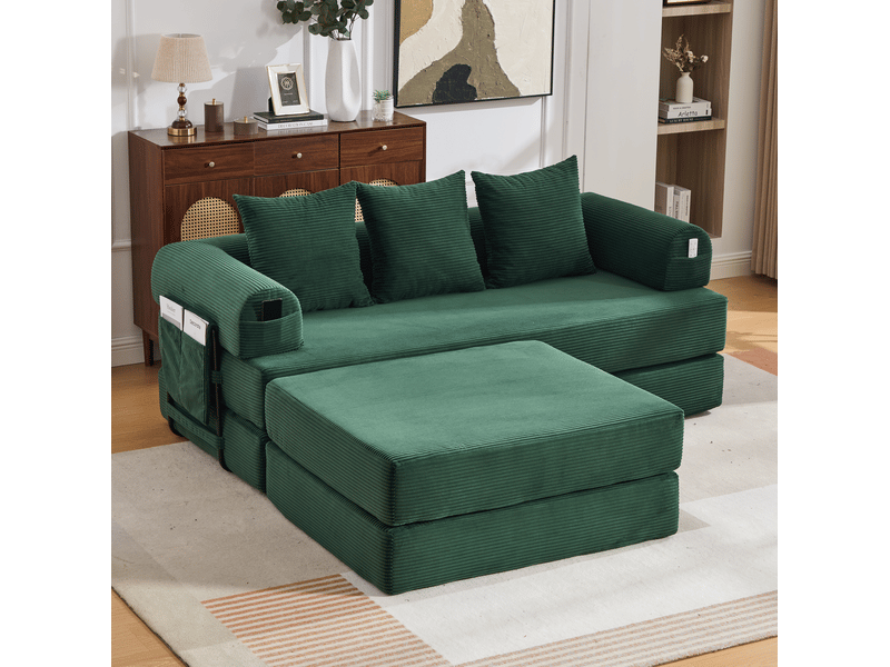 Canapé modulaire 3 places en velours côtelé vert émeraude avec pouf et 3 coussins - Conforama C