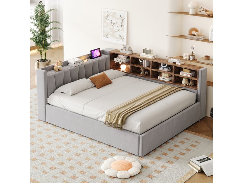  Lit coffre 2 places 140x200 cm avec rangement et ports usb gris clair  - Conforama B