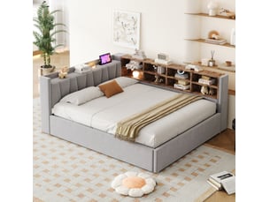 Lit coffre 2 places 140x200 cm avec rangement et ports usb gris clair