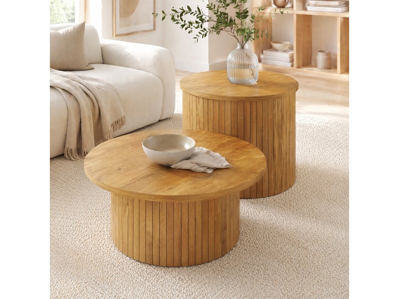  Lot de 2 tables basses rondes en mdf, finition bois naturel  - Conforama B