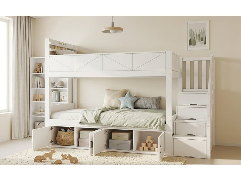  Lit superposé 90x200 cm blanc bois massif mdf avec escalier de rangement lit inférieur coffre barrière de sécurité haute étagère Sol Morn - Conforama D