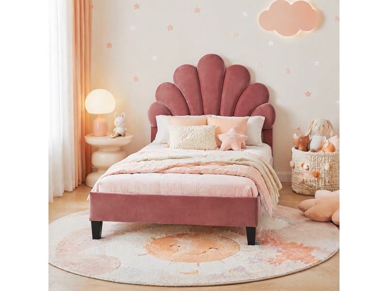  Modenvie lit enfant capitonné 90x200 cm - tête de lit fleur en velours, sommier inclus, sans matelas - rouge  - Conforama E