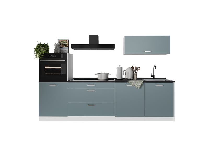  Vicco cuisine, bleu-grisblanc, 280cm plan de travail chêne doré  - Conforama E