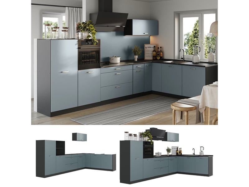  Vicco cuisine en angle, bleu-grisanthracite, 347 x cm plan de travail anthracite  - Conforama D