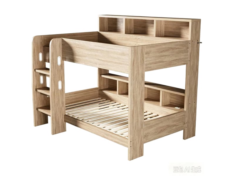  Lit superposé 90x200 cm avec rangements, led et prises, coloris bois naturel, sans matelas  - Conforama R