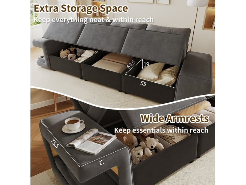  Canapé modulaire 3 places 229,5 x 78 cm – gris – velours, rangements intégrés et niches  - Conforama E