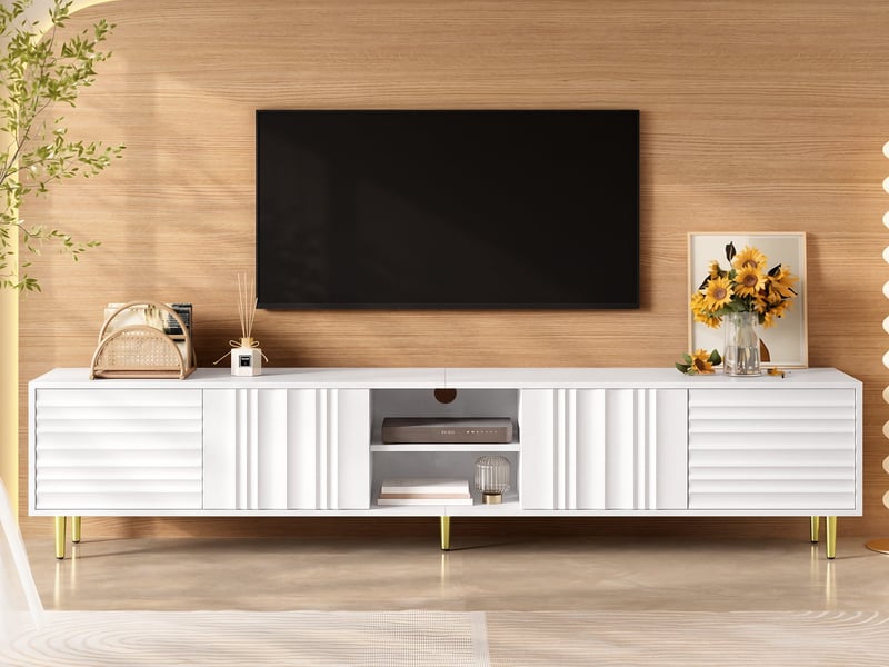  Meuble tv bas à 4 portes, 200 x 35 x 45 cm, avec niche ouverte, design sans poignées, façade texturée, pieds en métal, blanc  - Conforama B
