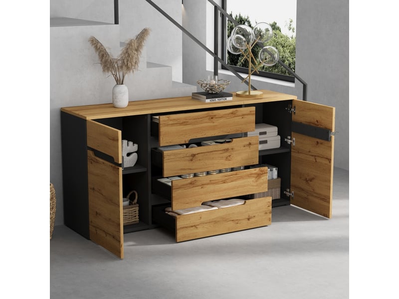  Buffet, meuble de salon à deux portes et quatre tiroirs, meuble de salle à manger, meuble de rangement pour canapé, finition bois  - Conforama D