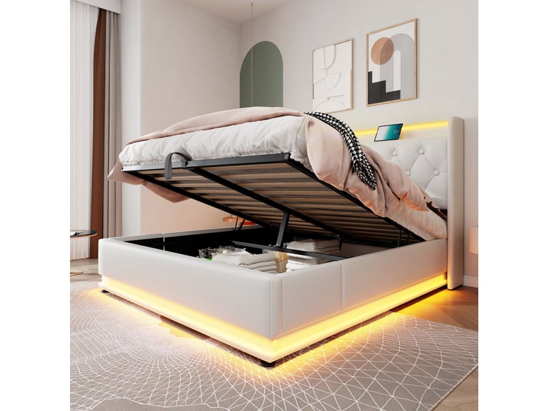  Lit coffre tcqpz 160 x 200 cm avec matelas led 360° usb type-c blanc pu  - Conforama B
