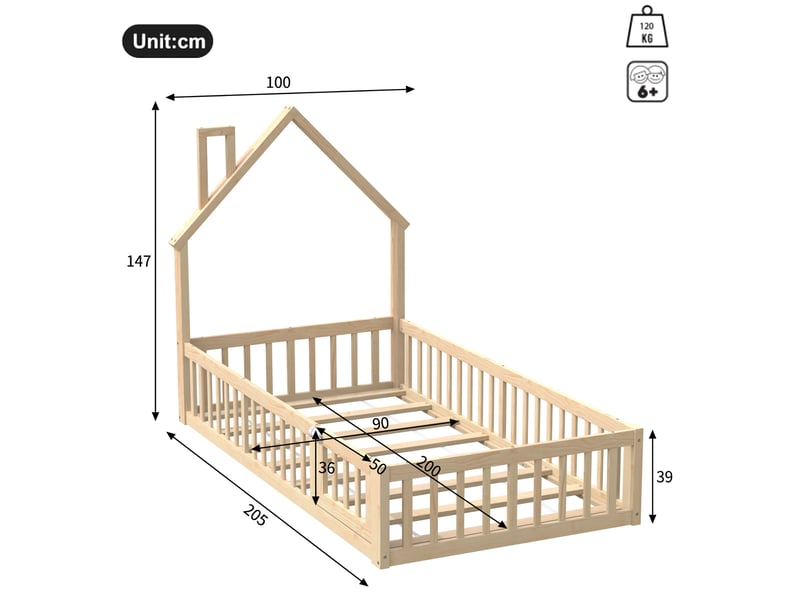  Lit cabane enfant 200×90 cm avec toit en forme de cheminée et barrières, avec sommier à lattes, sans matelas, naturel  - Conforama D