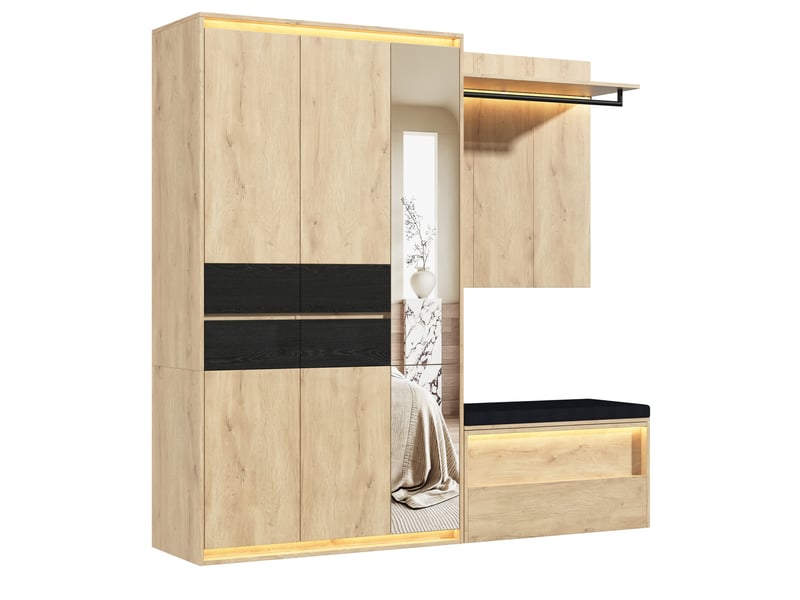  Garde-robe d'entrée 200x47x200 cm avec miroir et led, mdf, coloris bois pour entrée et dressing, rangement, chambre  - Conforama A