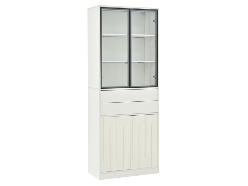  Vitrine haute 70 x 34 x 180 cm blanche en panneaux de particules, led bluetooth, 2 tiroirs et 4 portes  - Conforama D