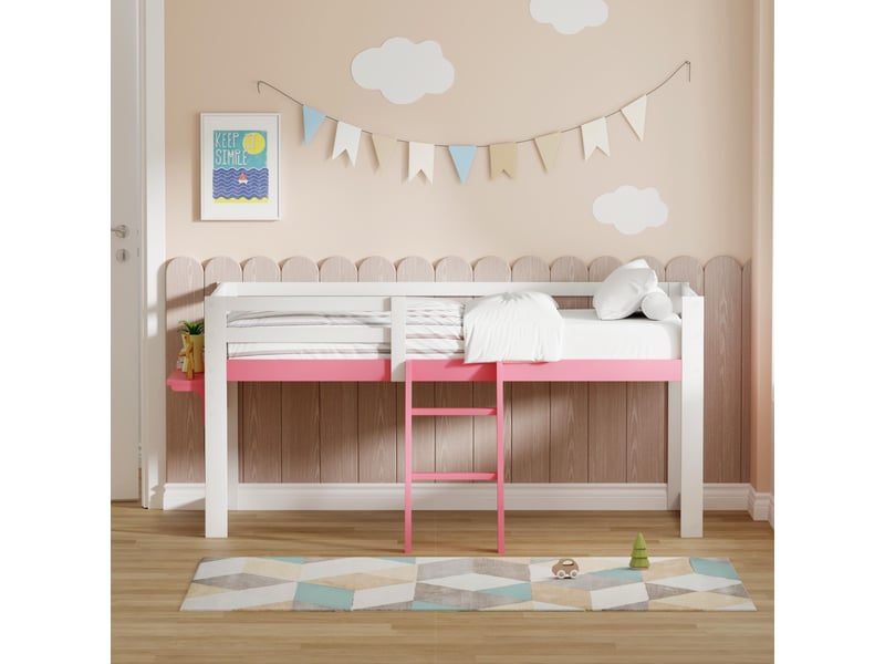  Lit mezzanine 90x200cm - lit enfant en pin massif avec échelle, barrière de sécurité &amp; étagère - rose  - Conforama B